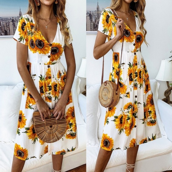 white sundress with sunflowers